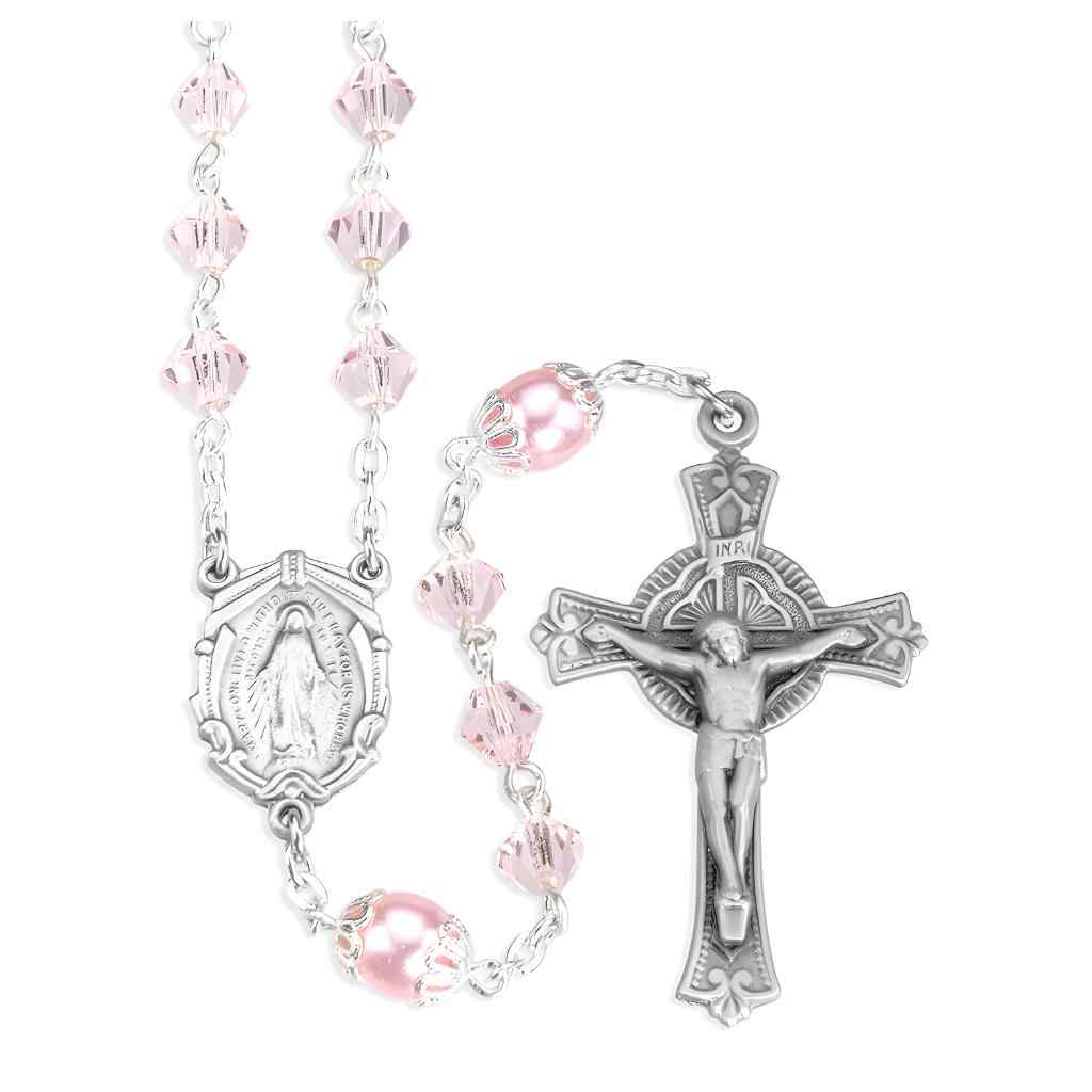 HMH Religious 6mm Rose Pink bicone crystal and double capped round imitation pearl Beads Bead Rosary with Pewter Crucifix & Center (view 1)