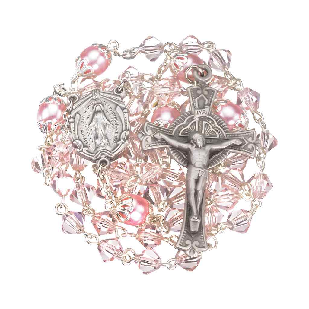 HMH Religious 6mm Rose Pink bicone crystal and double capped round imitation pearl Beads Bead Rosary with Pewter Crucifix & Center (view 2)