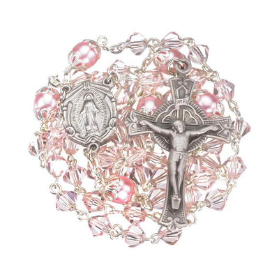HMH Religious 6mm Rose Pink bicone crystal and double capped round imitation pearl Beads Bead Rosary with Pewter Crucifix & Center (view 2)