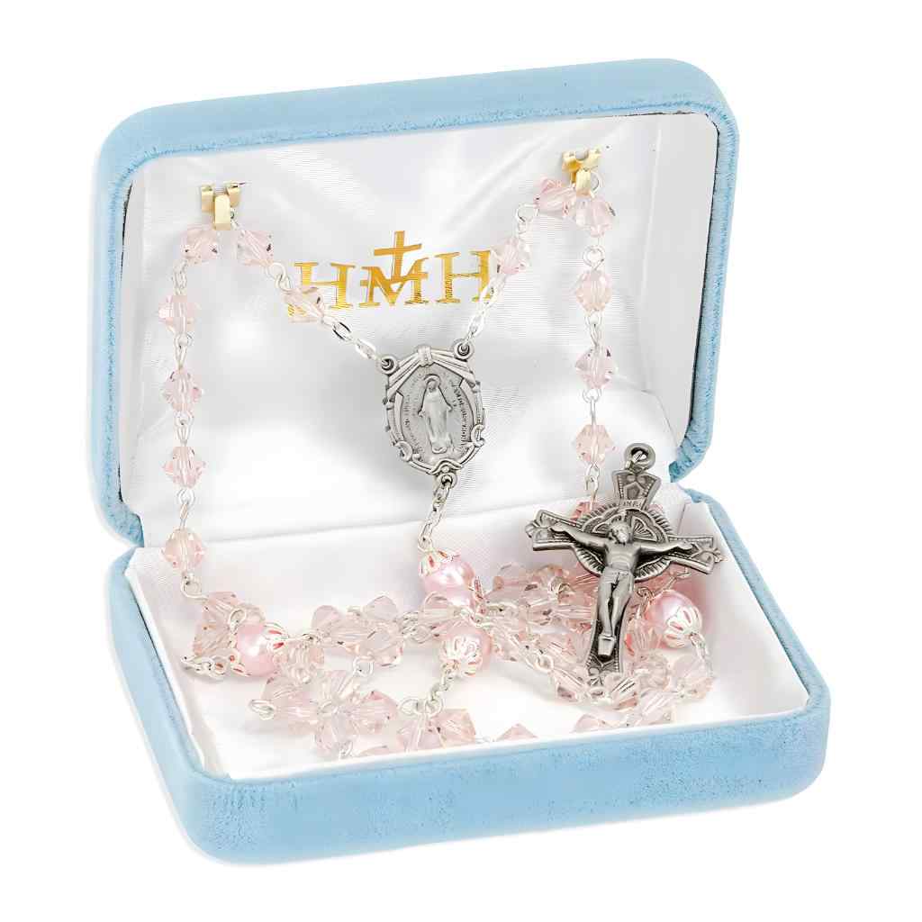 HMH Religious 6mm Rose Pink bicone crystal and double capped round imitation pearl Beads Bead Rosary with Pewter Crucifix & Center in gift box (view 3)