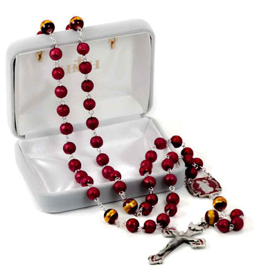 St. Florian Fire Fighter Rosary with 6mm red lava beads, 8mm red & gold glass Our Father beads, red epoxy pewter and center crucifix in gift box ( view 3)