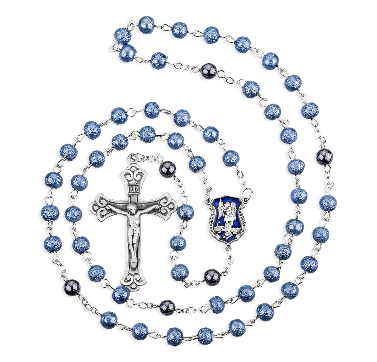 St Michael Police Officer 6mm Blue Lava Glass Rosary