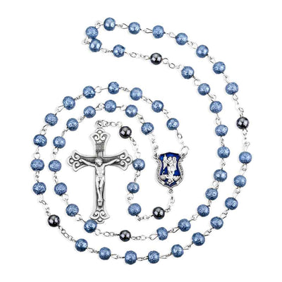 St. Michael Police Officer Rosary with 6mm blue lava beads, pewter blue epoxy pewter crucifix & center, HMH Religious (view 2)