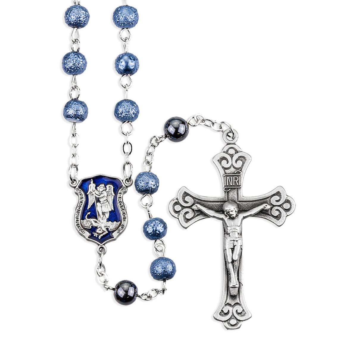 HMH St Michael Police Officer 6mm Blue Lava Glass Rosary