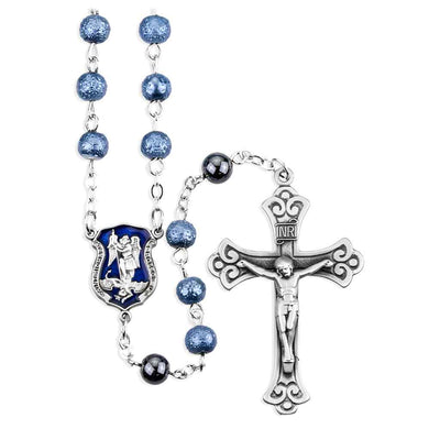 St. Michael Police Officer Rosary with 6mm blue lava beads, pewter blue epoxy pewter crucifix & center, HMH Religious (view 1)