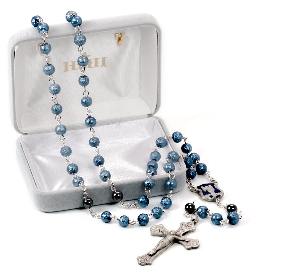 HMH St Michael Police Officer 6mm Blue Lava Glass Rosary in Box