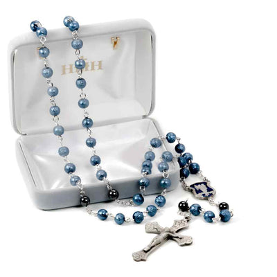 St. Michael Police Officer Rosary with 6mm blue lava beads, pewter blue epoxy pewter crucifix & center in gift box, HMH Religious (view 3)