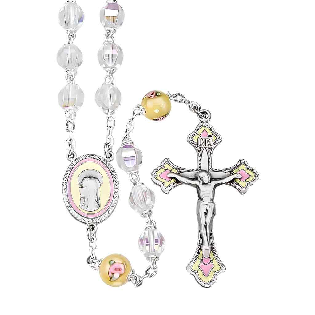 Our Lady of Sorrow 7mm Czech Crystal & Yellow Flower Glass Bead Pewter Rosary with a pewter yellow and pink epoxy center and crucifix (view 1)