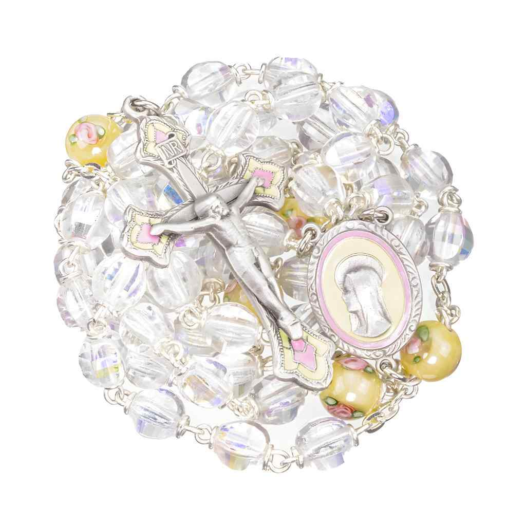 Our Lady of Sorrow 7mm Czech Crystal & Yellow Flower Glass Bead Pewter Rosary with a pewter yellow and pink epoxy center and crucifix (view 2)