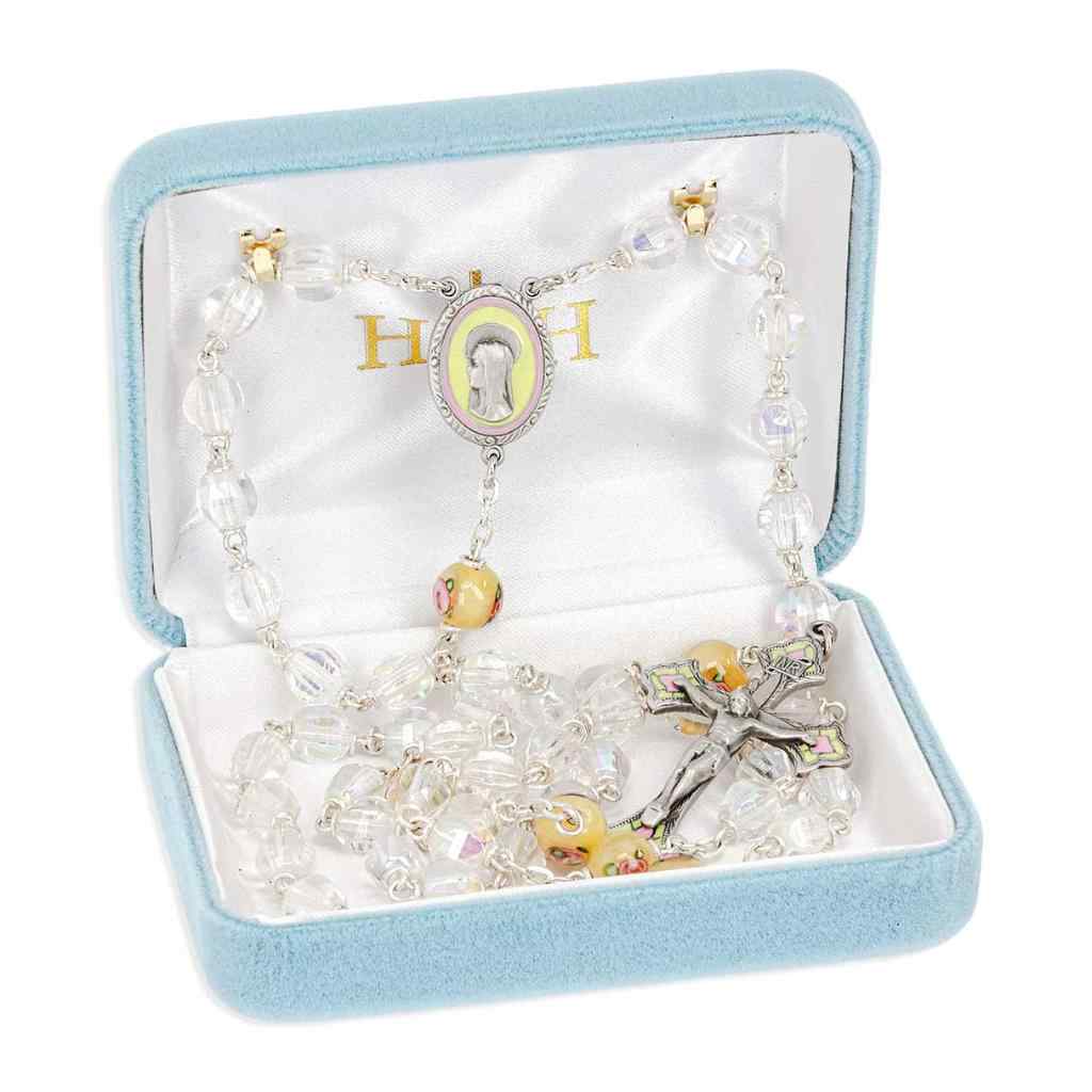 Our Lady of Sorrow 7mm Czech Crystal & Yellow Flower Glass Bead Pewter Rosary with a pewter yellow and pink epoxy center and crucifix in gift box (view 3)