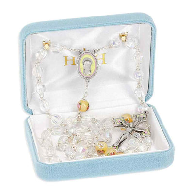 Our Lady of Sorrow 7mm Czech Crystal & Yellow Flower Glass Bead Pewter Rosary with a pewter yellow and pink epoxy center and crucifix in gift box (view 3)