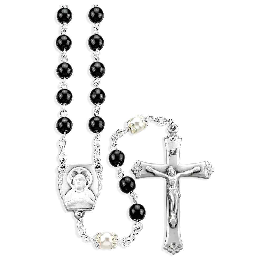 Sacred Heart Black 5mm Czech Glass Bead Pewter Rosary with a pewter center and crucifix, and silver-plated chain