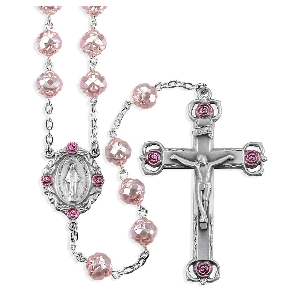 Rosebud 8mm Czech Glass Bead Rosary - Rosebud Pewter Crucifix & Center, silver-plated brass chain (view 1)
