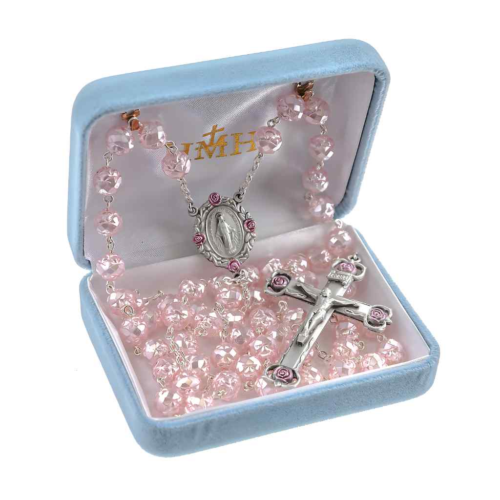 Rosebud 8mm Czech Glass Bead Rosary - Rosebud Pewter Crucifix & Center, silver-plated brass chain in gift box(view 2)