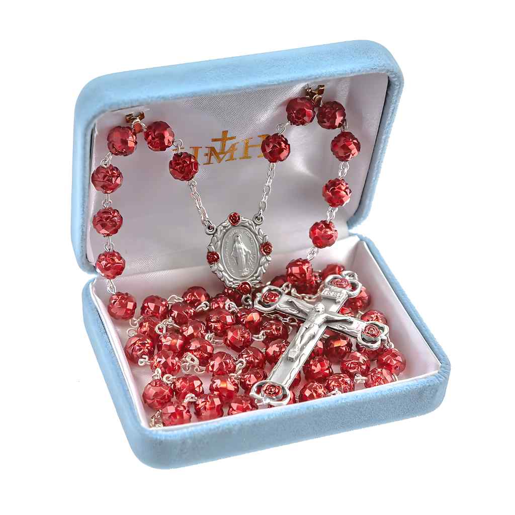 HMH Religious Red Rosebud 8mm Czech Glass Bead Rosary - Rosebud Pewter Crucifix & Center, silver-plated brass chain in gift box