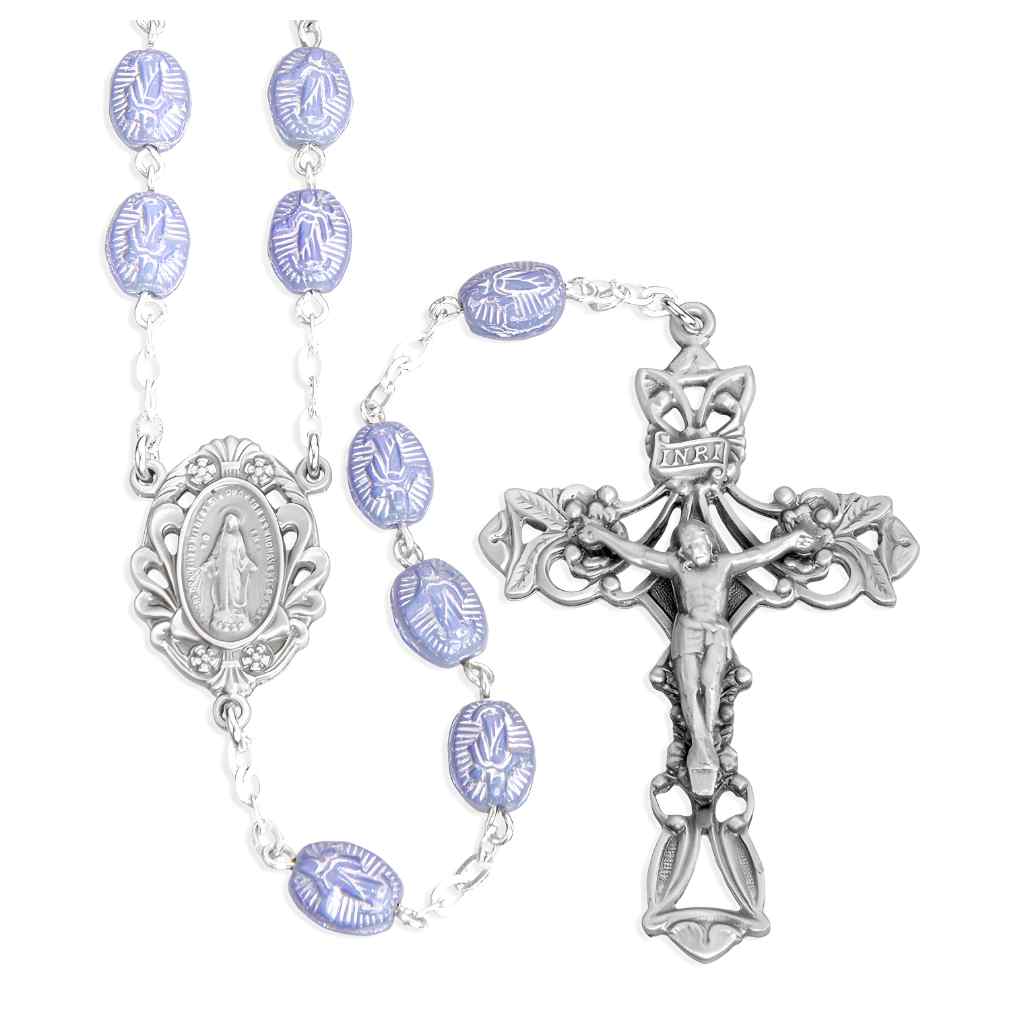HMH Religious Blue 8 x 6mm Czech Glass Moleene Bead Rosary - Pewter Crucifix & Center, silver-plated brass chain (view 1)