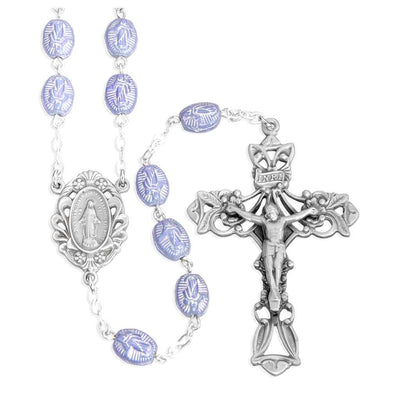 HMH Religious Blue 8 x 6mm Czech Glass Moleene Bead Rosary - Pewter Crucifix & Center, silver-plated brass chain (view 1)