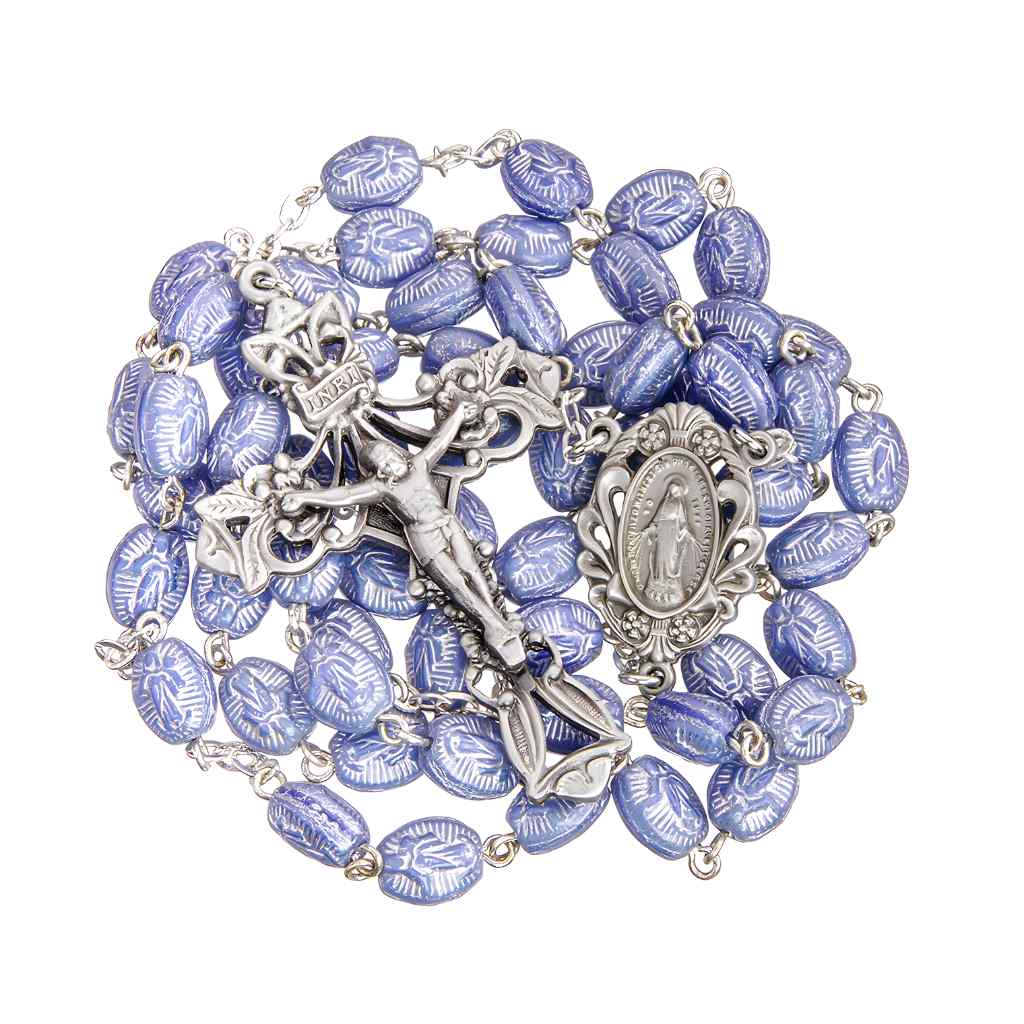 HMH Religious Blue 8 x 6mm Czech Glass Moleene Bead Rosary - Pewter Crucifix & Center, silver-plated brass chain (view 2)