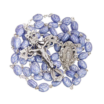 HMH Religious Blue 8 x 6mm Czech Glass Moleene Bead Rosary - Pewter Crucifix & Center, silver-plated brass chain (view 2)