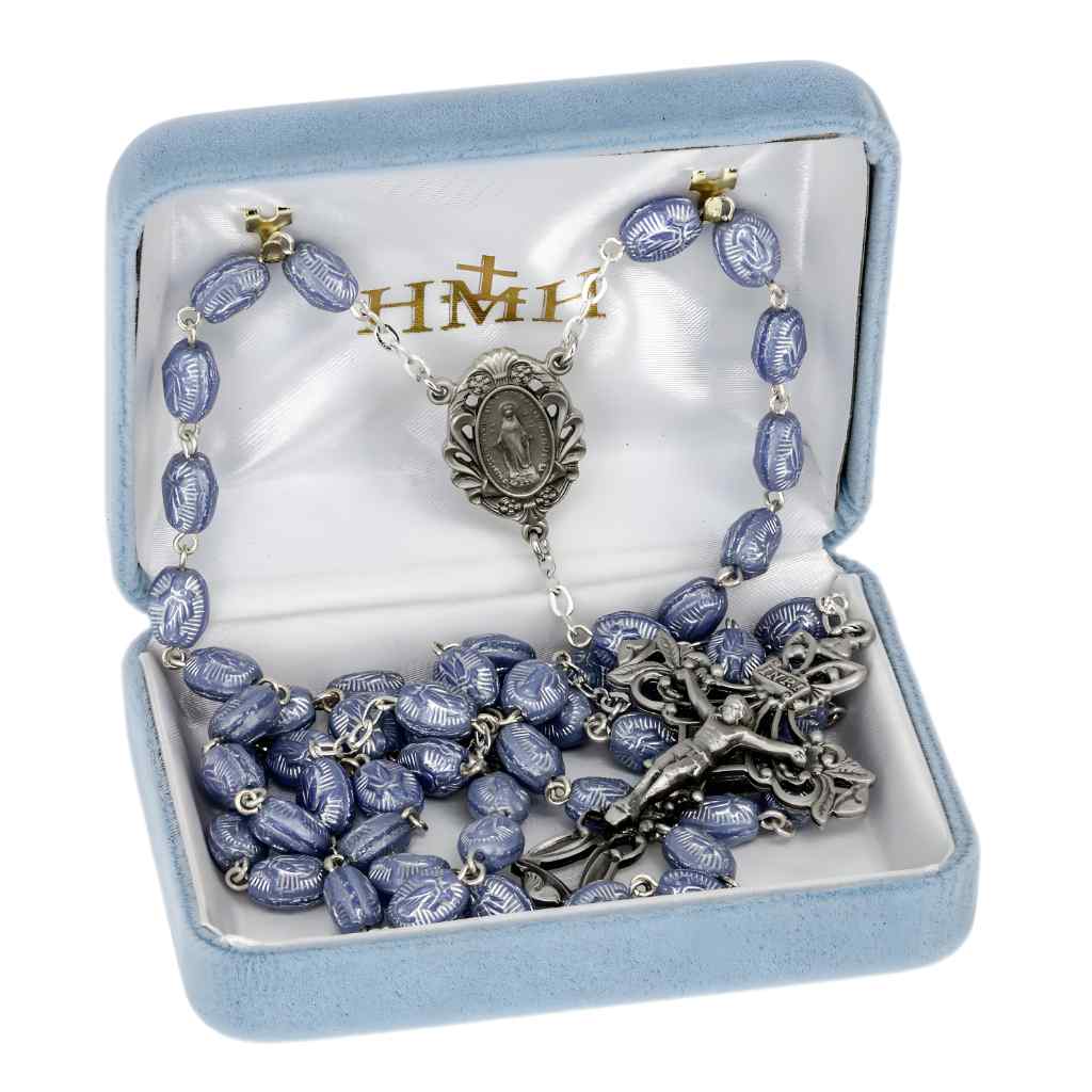 HMH Religious Blue 8 x 6mm Czech Glass Moleene Bead Rosary - Pewter Crucifix & Center, silver-plated brass chain in gift box (view 3)