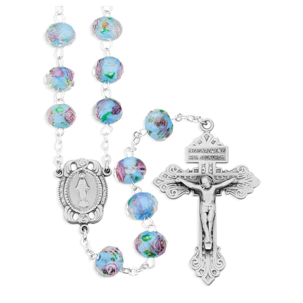 10x8mm Aqua Glass with Pink Flower Bead Rosary with pewter Miraculous medal with roses centerpiece and a pewter pardon crucifix (view 1)