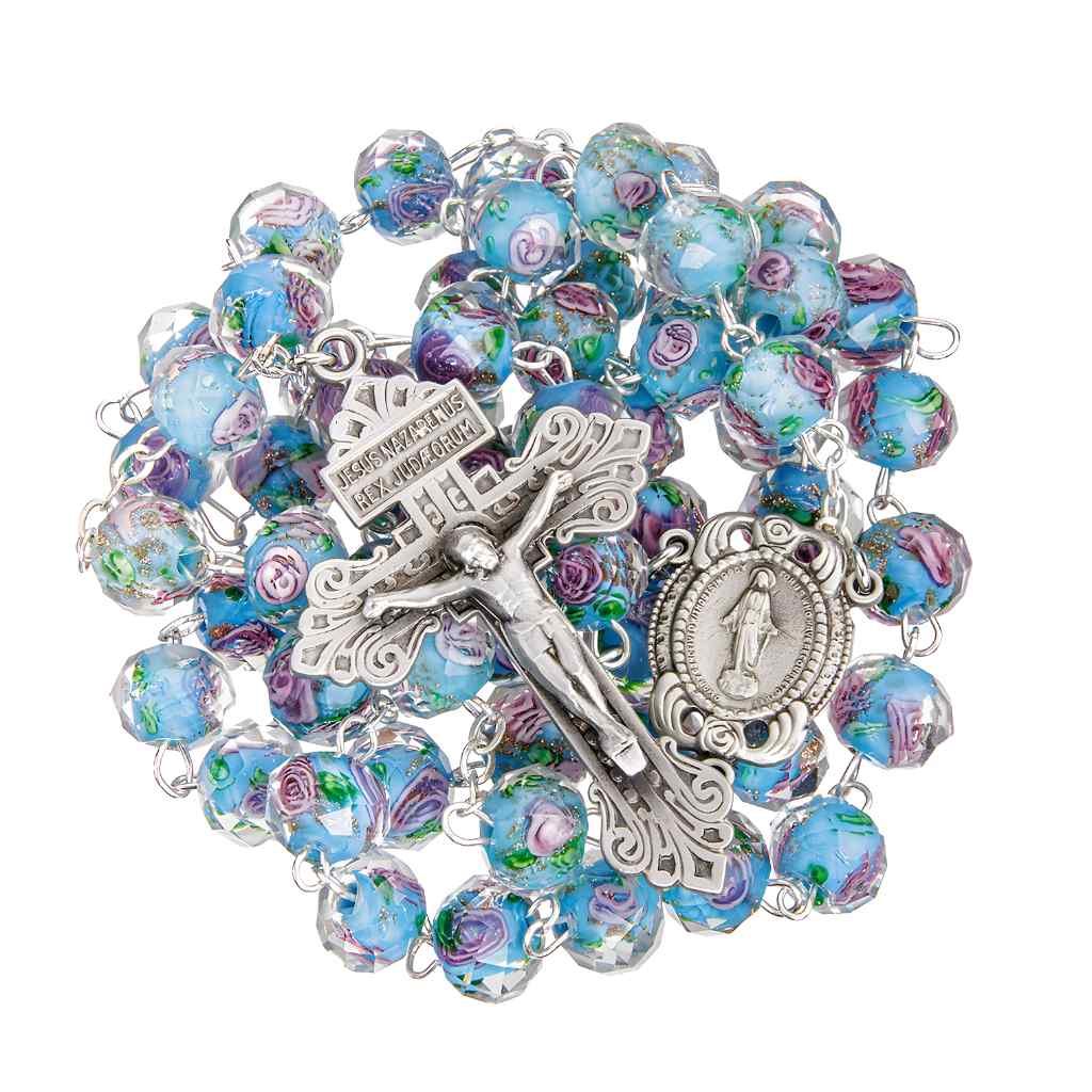 10x8mm Aqua Glass with Pink Flower Bead Rosary with pewter Miraculous medal with roses centerpiece and a pewter pardon crucifix (view 2)