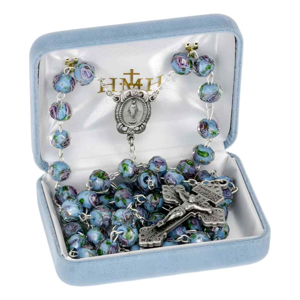 10x8mm Aqua Glass with Pink Flower Bead Rosary with pewter Miraculous medal with roses centerpiece and a pewter pardon crucifix in gift box (view 3)