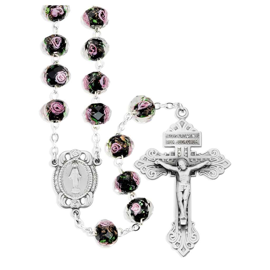 10x8mm Black Glass Flower Bead Rosary with pewter Miraculous medal with roses centerpiece and a pewter pardon crucifix (view 1)