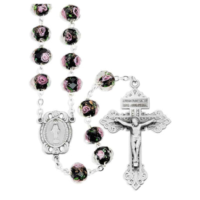 10x8mm Black Glass Flower Bead Rosary with pewter Miraculous medal with roses centerpiece and a pewter pardon crucifix (view 1)