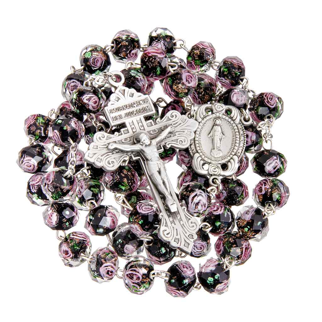 10x8mm Black Glass Flower Bead Rosary with pewter Miraculous medal with roses centerpiece and a pewter pardon crucifix (view 2)