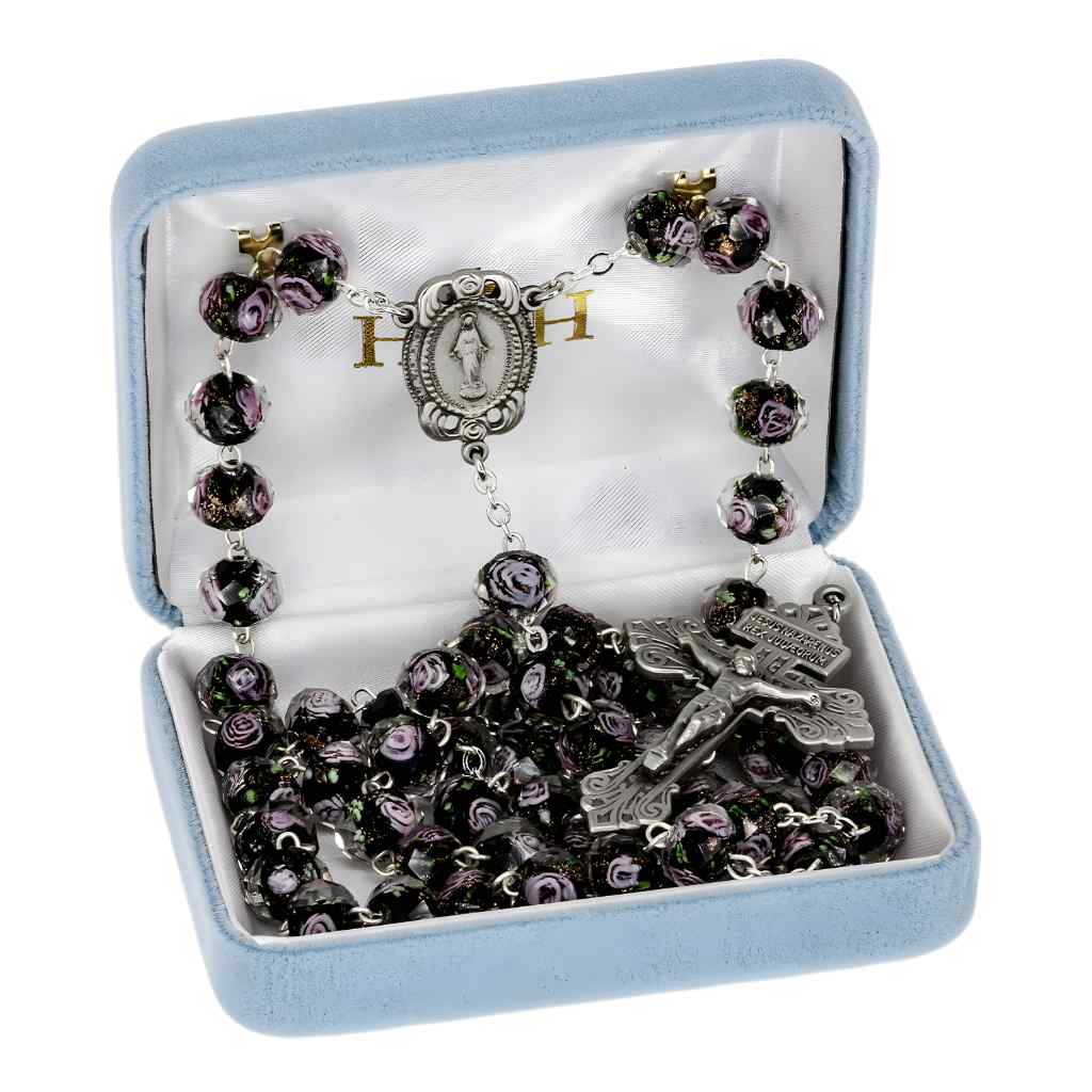 10x8mm Black Glass Flower Bead Rosary with pewter Miraculous medal with roses centerpiece and a pewter pardon crucifix in gift box (view 2)