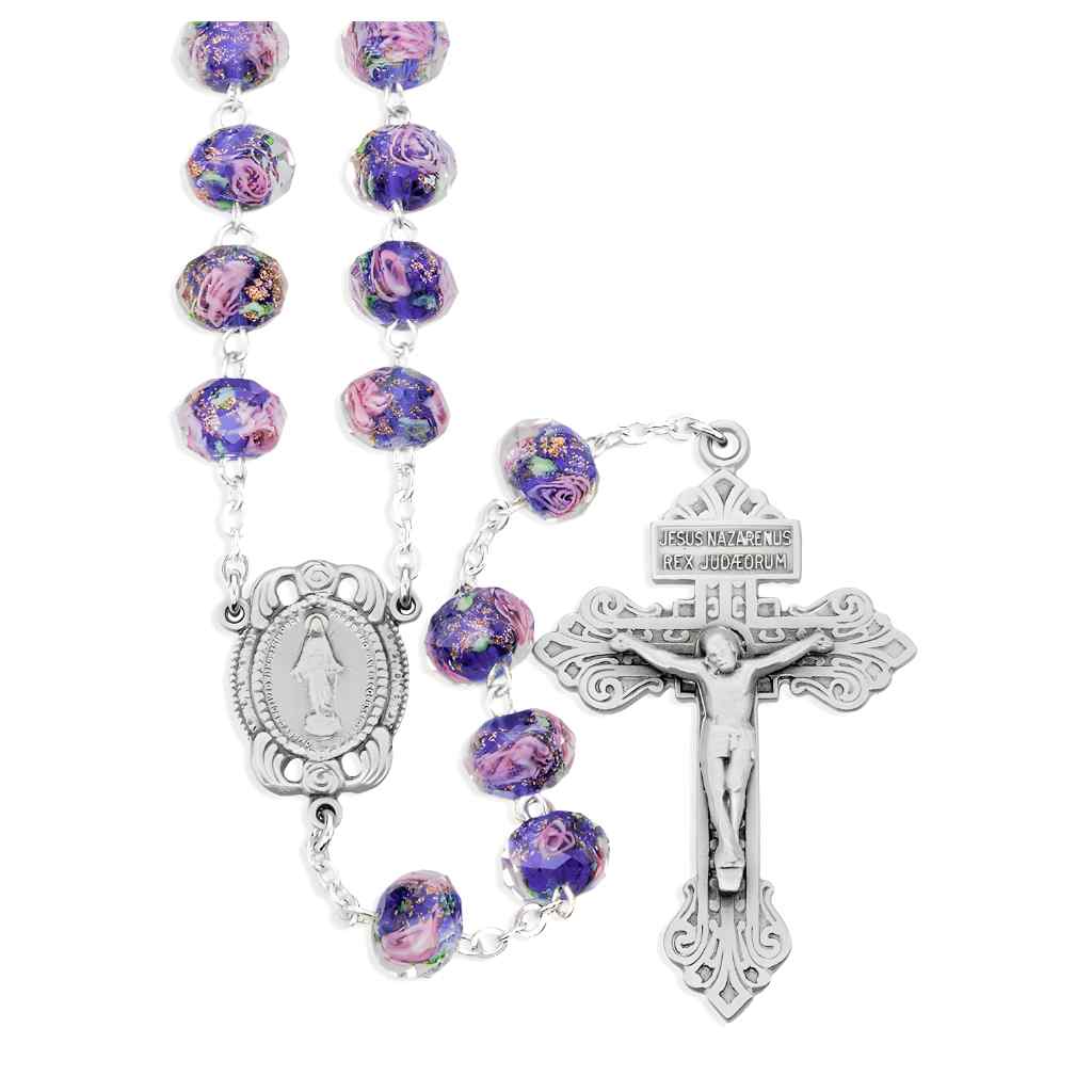 10x8mm Sapphire Glass with Pink Flower Bead Rosary with pewter Miraculous medal with roses centerpiece and a pewter pardon crucifix (view 1)
