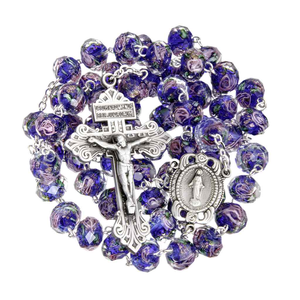 10x8mm Sapphire Glass with Pink Flower Bead Rosary with pewter Miraculous medal with roses centerpiece and a pewter pardon crucifix (view 2)