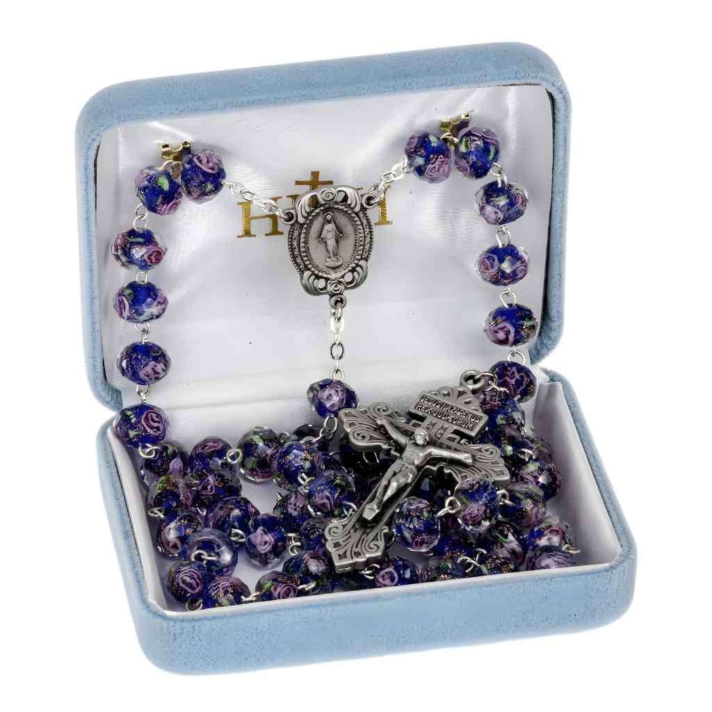 10x8mm Sapphire Glass with Pink Flower Bead Rosary with pewter Miraculous medal with roses centerpiece and a pewter pardon crucifix in gift box (view 3)