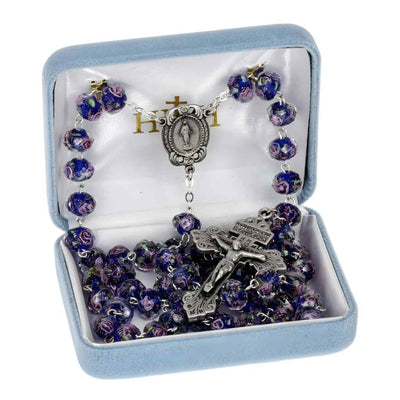 10x8mm Sapphire Glass with Pink Flower Bead Rosary with pewter Miraculous medal with roses centerpiece and a pewter pardon crucifix in gift box (view 3)