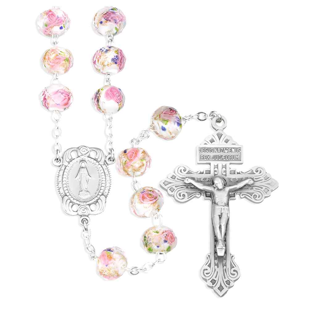 10x8mm White Glass with Pink Flower Bead Rosary with pewter Miraculous medal with roses centerpiece and a pewter pardon crucifix (view 1)