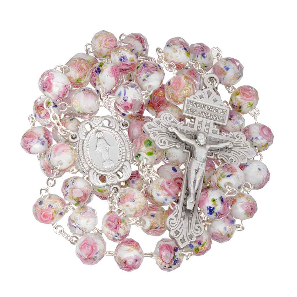 10x8mm White Glass with Pink Flower Bead Rosary with pewter Miraculous medal with roses centerpiece and a pewter pardon crucifix (view 2)