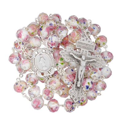 10x8mm White Glass with Pink Flower Bead Rosary with pewter Miraculous medal with roses centerpiece and a pewter pardon crucifix (view 2)