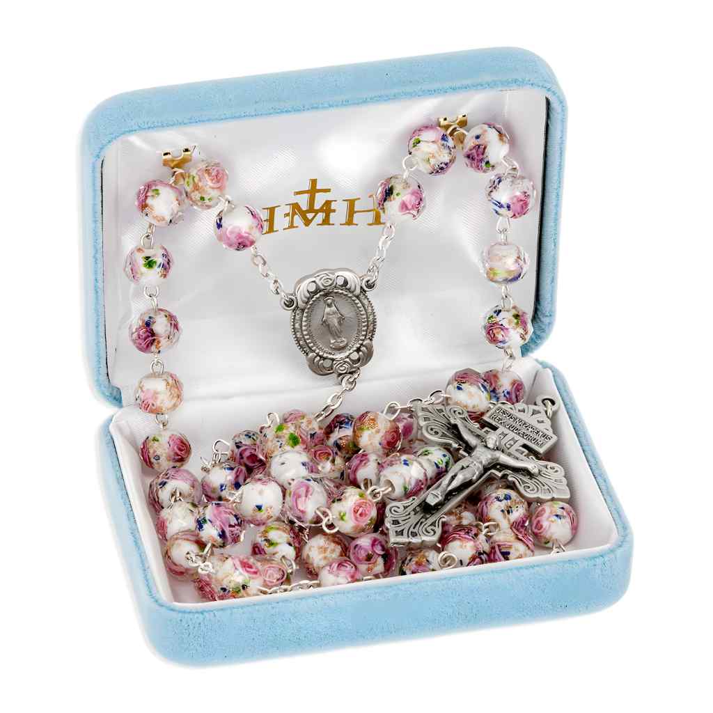 10x8mm White Glass with Pink Flower Bead Rosary with pewter Miraculous medal with roses centerpiece and a pewter pardon crucifix in gift box (view 3)
