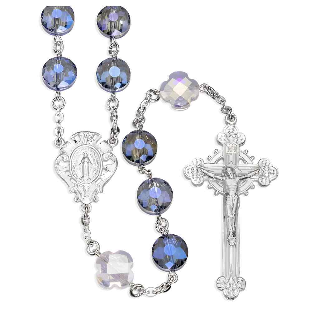 HMH Religious 10mm Round Crystal Ink Blue with Crystal Cross Our Father Bead Pewter Rosary with lead-free New England pewter Miraculous Medal center and crucifix