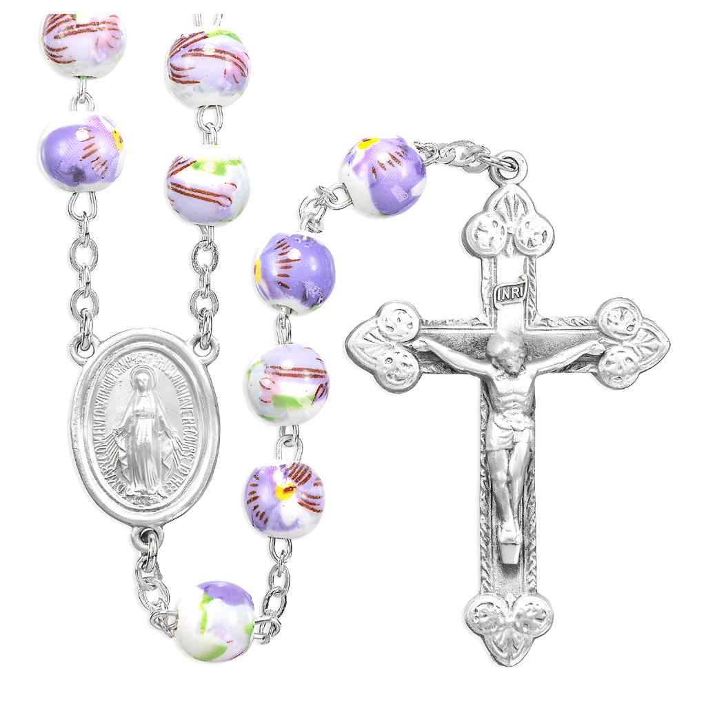 White & Lavender with Flowers 8mm Bead Pewter Rosary with lead-free New England pewter Miraculous Medal center and heart tip crucifix (view 1)