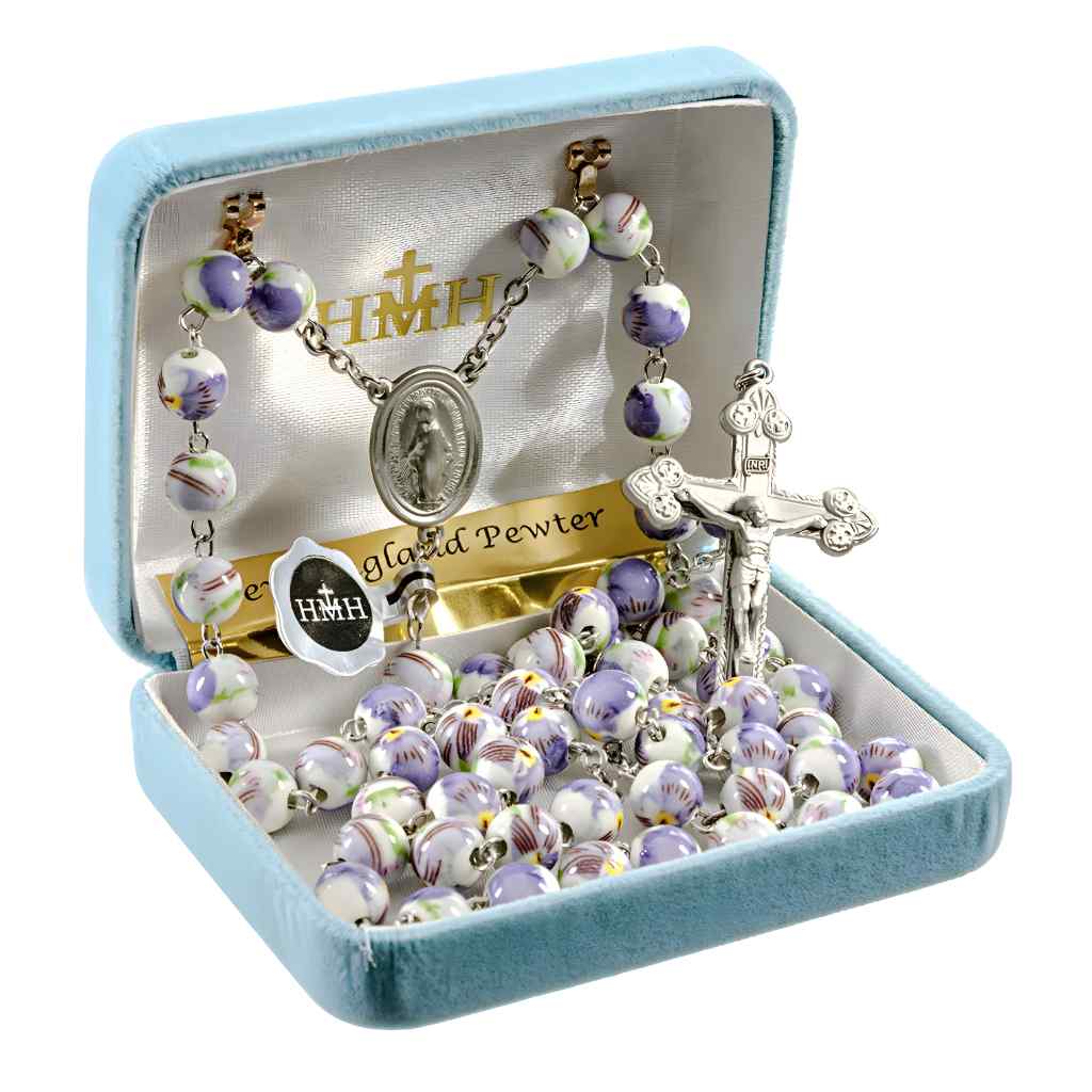 White & Lavender with Flowers 8mm Bead Pewter Rosary with lead-free New England pewter Miraculous Medal center and heart tip crucifix in gift box (view 2)
