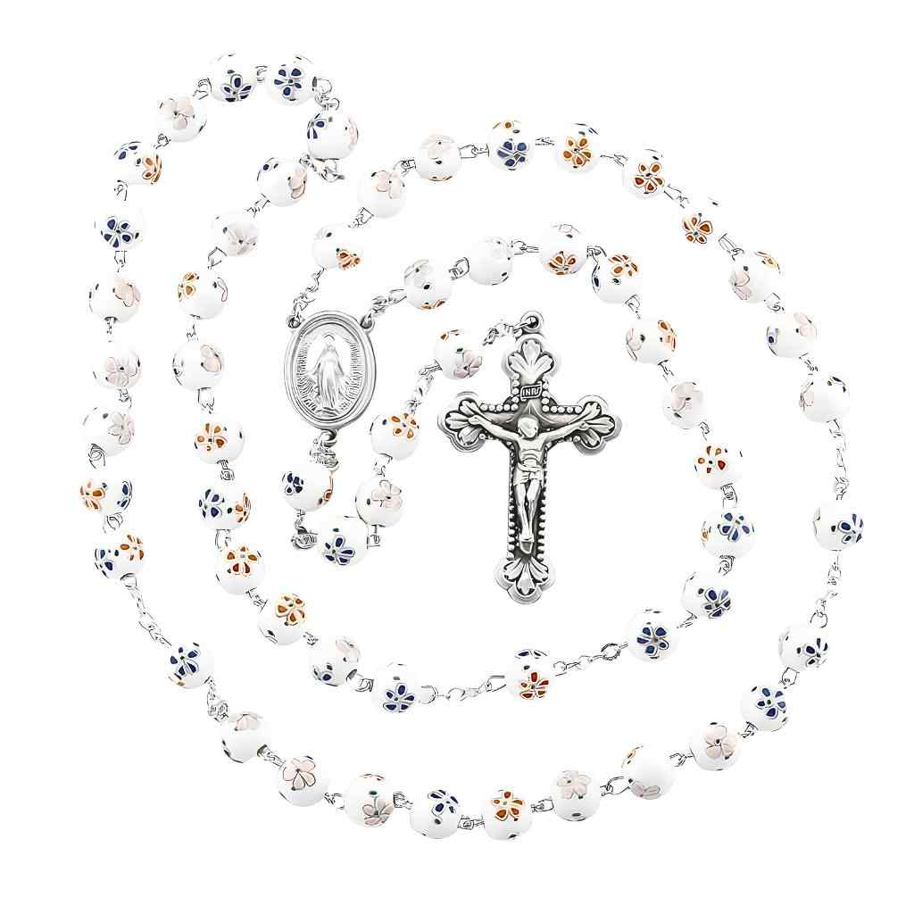 8mm White Porcelain with Flower in Orange, Pink and Blue Bead Pewter Rosary with lead-free New England pewter Miraculous Medal center and budded crucifix, and silver-plated chain (view 1)