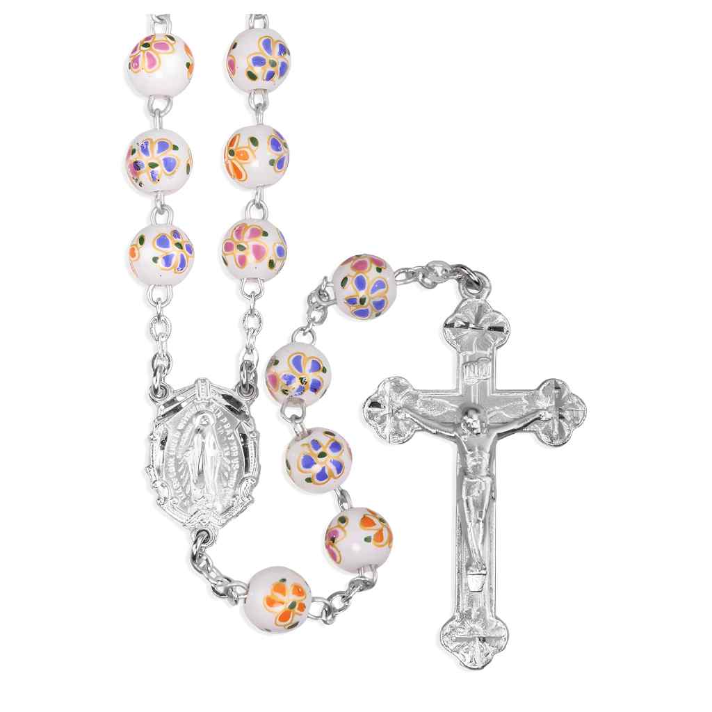8mm White with Flower in Orange Pink & Blue Porcelain Bead Pewter Rosary with lead-free New England pewter Miraculous Medal center and budded crucifix (view 1) 