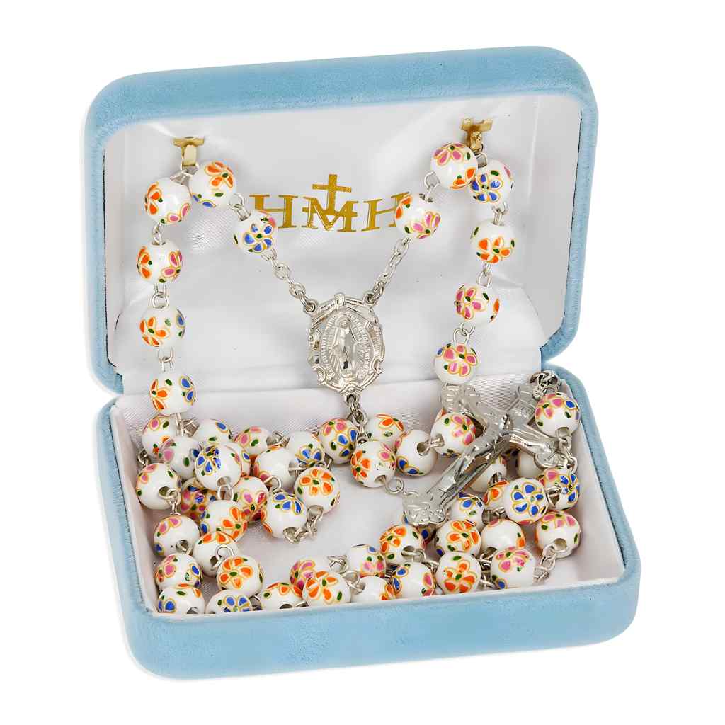 8mm White with Flower in Orange Pink & Blue Porcelain Bead Pewter Rosary with lead-free New England pewter Miraculous Medal center and budded crucifix in gift box (view 2) 