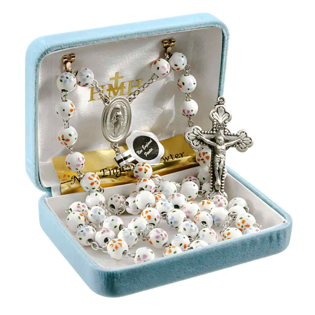 8mm White Porcelain with Flower in Orange, Pink and Blue Bead Pewter Rosary with lead-free New England pewter Miraculous Medal center and budded crucifix, and silver-plated chain in gift box (view 2)