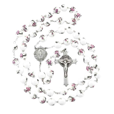 White and Pink Glass Flower Bead Pewter 5 Decade Rosary, HMH Religious