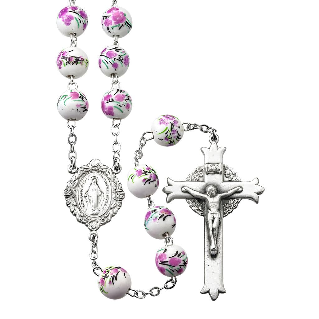 HMH Religious White and Pink Glass Flower Bead Pewter Rosary,