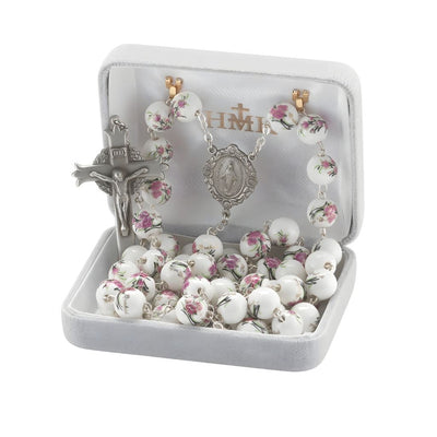 White and Pink Glass Flower Bead Pewter Rosary in Gift Box, HMH Religious