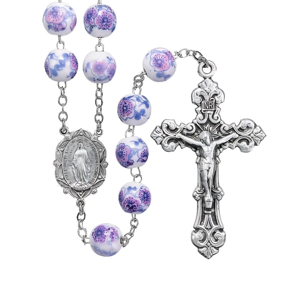 HMH Religious 10mm White and Violet Glass Flower Bead Pewter Rosary with Pewter Miraculous Centerpiece and Scroll Crucifix
